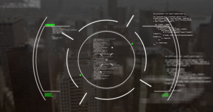 Image of circles and computer language over modern cityscape in background