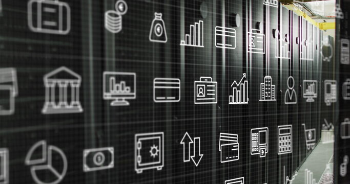 Image of multiple icons over data server racks in server room