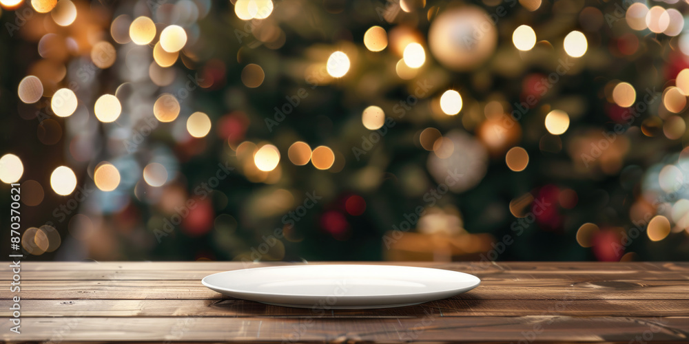 Poster a plate is sitting on a wooden table with a christmas tree in the background. the tree is lit up wit