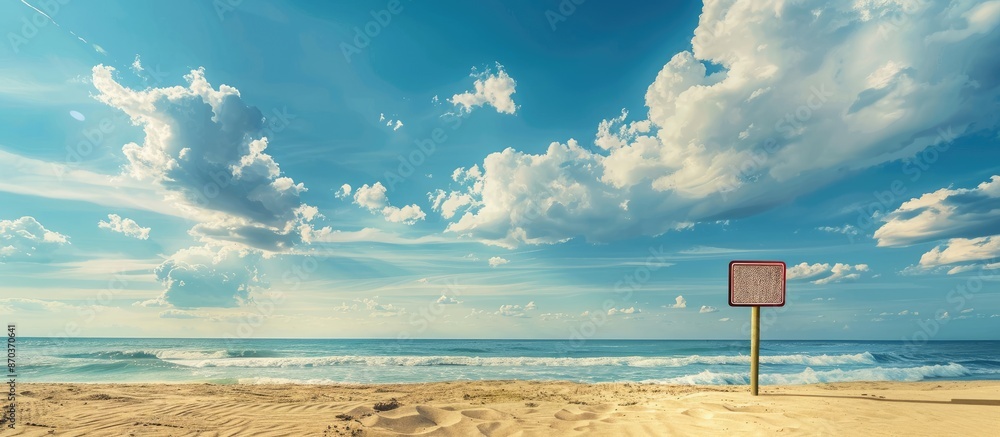 Poster a sunny beach scene with a waving sign under a partly cloudy sky, conveyed in a close-up background 