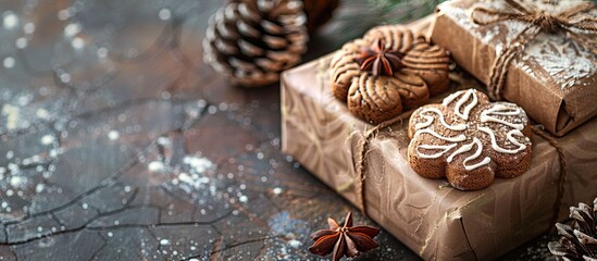 A festive present of gingerbread cookies displayed in a decorative gift box, perfect for Christmas with copy space image.