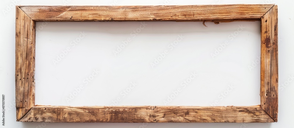 Poster a wooden picture frame with empty space for text, positioned apart against a white backdrop for a co