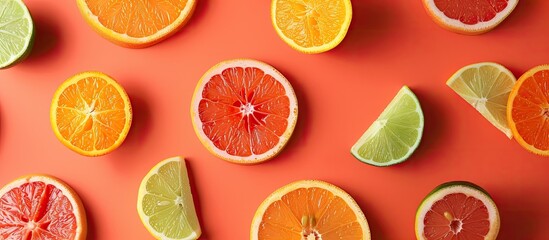 A colorful backdrop featuring slices of grapefruit, lime, lemon, and orange, ideal for copy space image.
