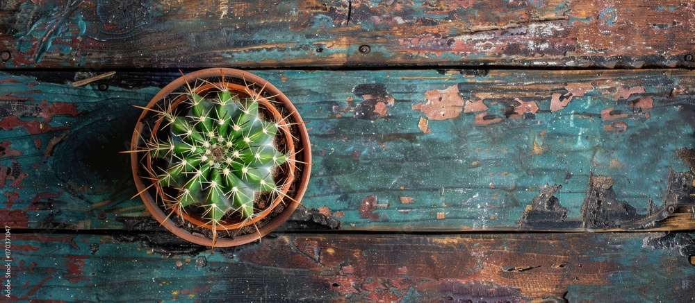 Poster a cactus in a pot photographed from above on a rustic wooden surface with room for text or other ele