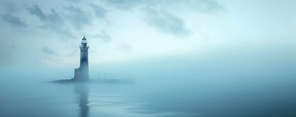 Tranquil lighthouse in misty sea, serene and calm, minimalist landscape. Free copy space for text.