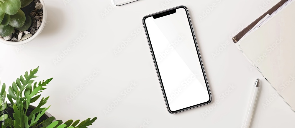 Aufkleber a white desk with a smartphone resting on it, set on a white background with ample copy space for ad