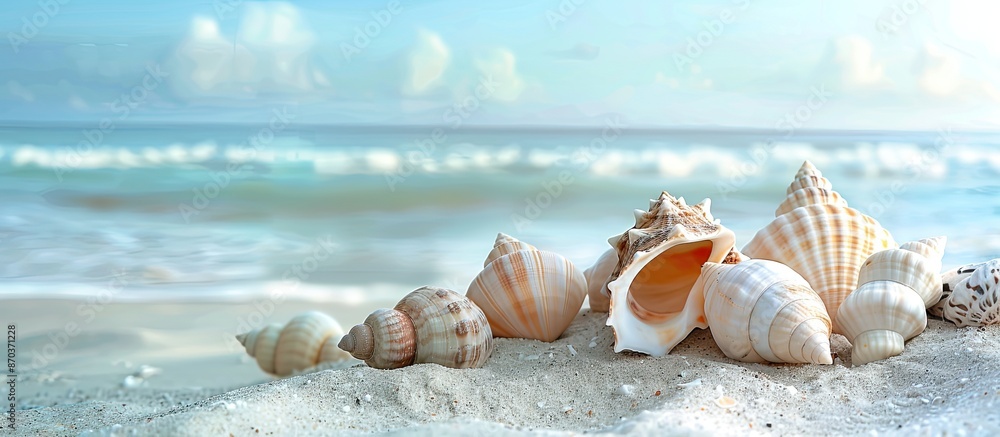 Poster a serene summer background on a sandy beach with seashells and ample copy space image for a relaxed,