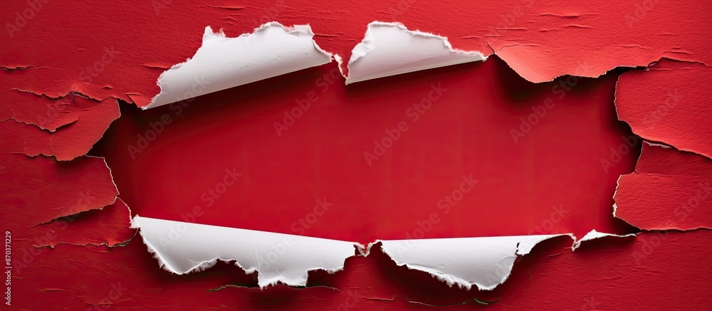 Poster a white paper with torn edges exposing a red background and a central copy space image.