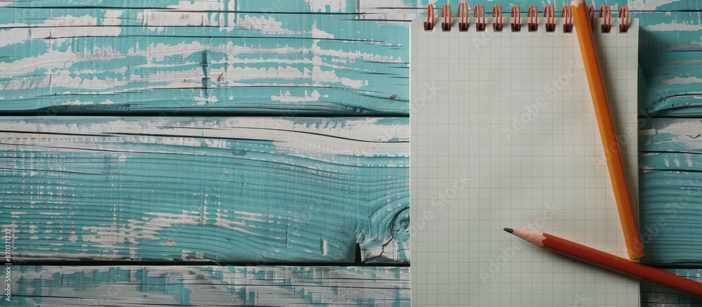 Poster a notepad and pencil on a wooden background with wallpaper for education and business photography, f