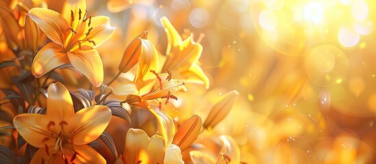 A vibrant cluster of yellow lilies blossoming in the autumn sunlight, captured up close with a...