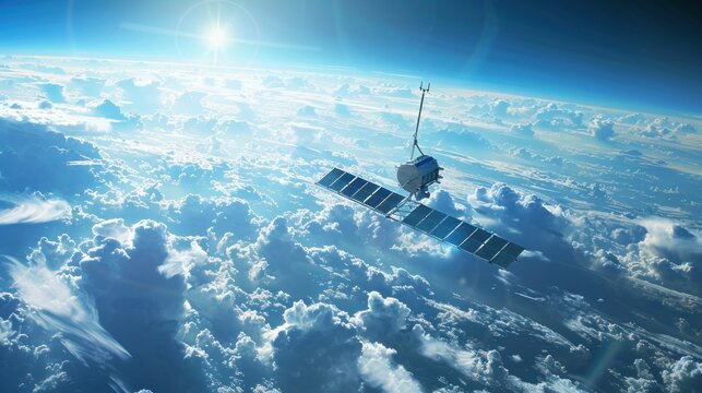 A high-altitude platform station (HAPS) is depicted in a bright blue sky, floating gracefully above the clouds. The advanced solar panels and antenna arrays are clearly visible, emphasizing the