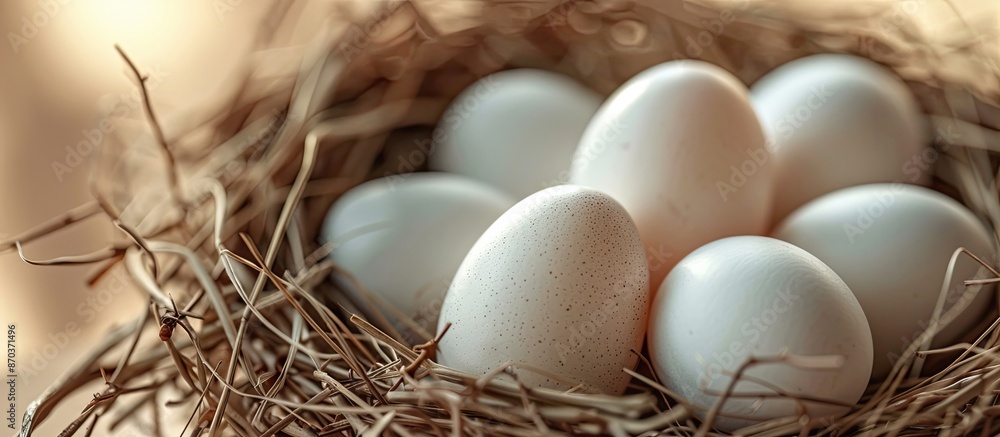 Poster a picture showing white chicken eggs on a bird nest with ample copy space in focus.