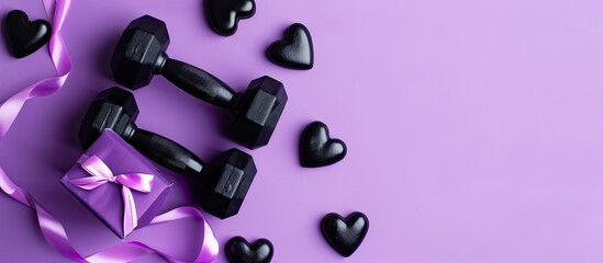 A top view of black dumbbells, heart shapes, and a gift box tied with a purple ribbon set on a violet backdrop with copy space. Fitness, sport, and healthy lifestyle theme for Valentine's or Father's