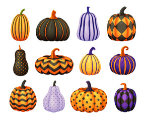 Halloween cartoon pumpkins with holiday ornaments and patterns. Isolated vector painted gourds creatively adorned with stripes, dots, zig-zag festive seasonal motifs, that captures spirit of season
