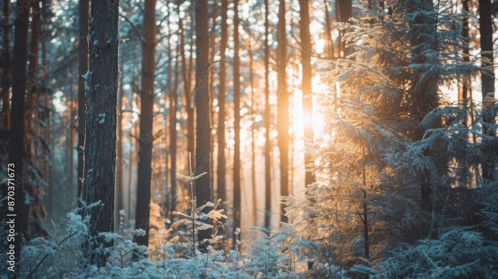 Poster a forest with trees covered in snow and a sun shining through the trees. the sun is casting a warm g