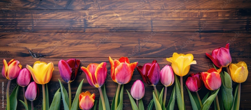 Poster a vibrant display of tulips on a wooden surface captured from above, offering ample space for text o