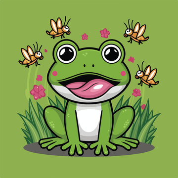 Frog Cute catching grasshoppers with its big mouth