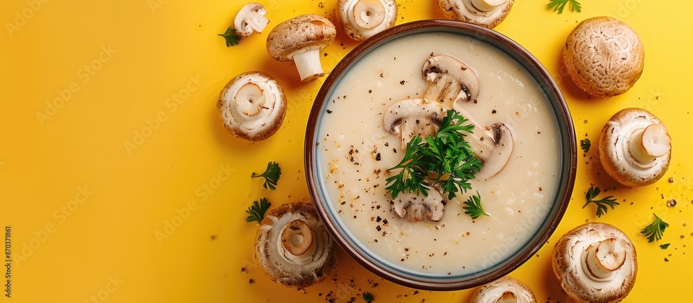 Poster a close-up view displays creamy mushroom soup against a yellow backdrop with ample copy space image.