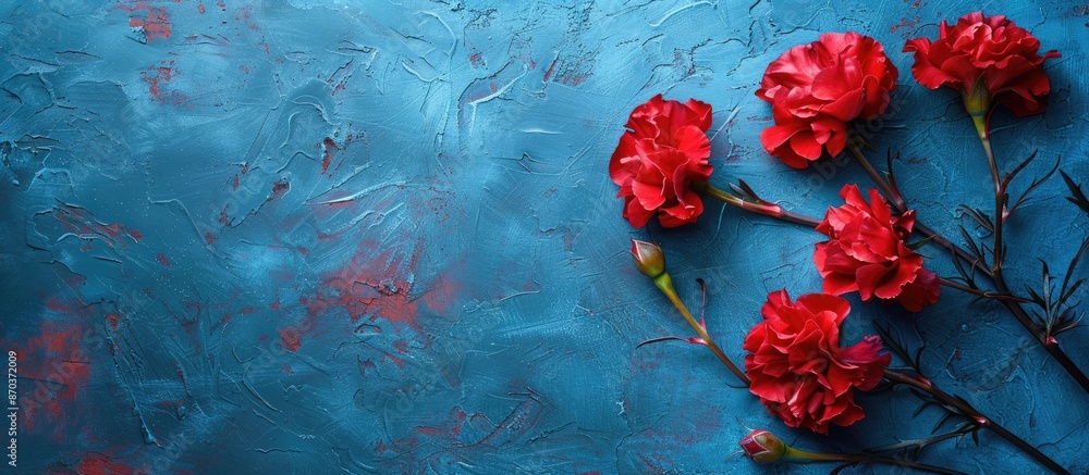 Poster a vibrant red carnation frame against a textured blue background, ideal for adding text or images. i