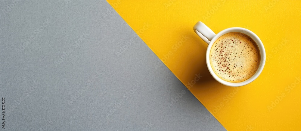 Poster a white cup with a fresh coffee drink is placed on a yellow and gray background, creating a visually