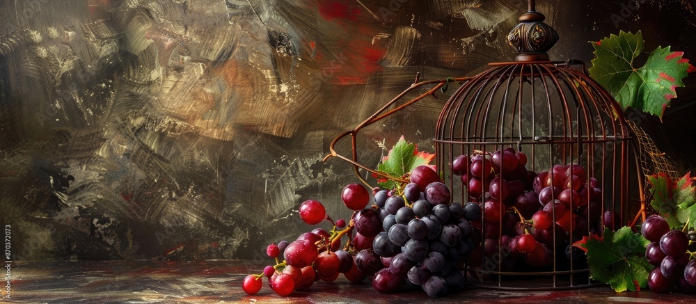 Poster a decorative cage on a table holds red and dark grapes with grape leaves around it, creating an arti
