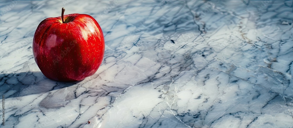 Poster a red apple is placed on a shiny marble surface, perfect for a background with ample copy space imag