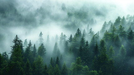 A stunning view of a forest bathed in fog, rising into high mountains. The mystery and charm of this place, where the fog subtly covers the trees.