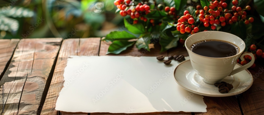 Poster a blank page with flowers and coffee, against a tree backdrop, providing ample copy space for a temp