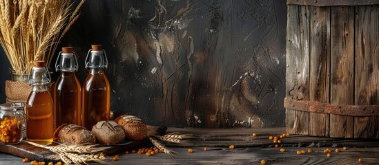 A grey table is set with bottles of tasty kvass, along with spikelets and bread, creating a rustic display with a designated area for text in the image. image with copy space