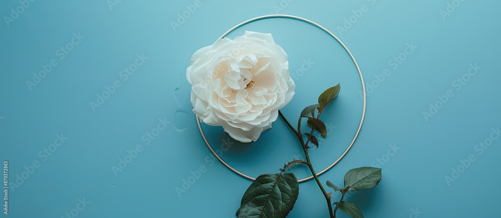 Poster a summery scene with a pristine white rose, circular frame, and copy space image set against a soft 