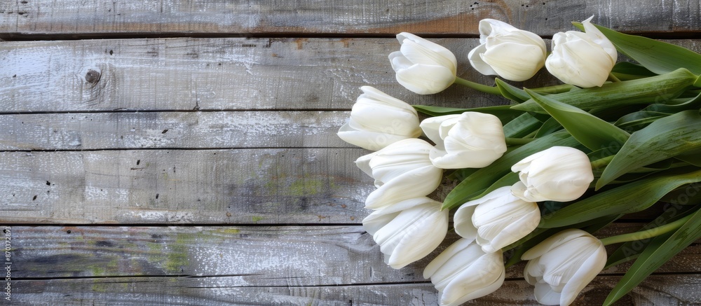 Poster a bunch of white tulips on a wooden backdrop for adding your message in the copy space image.