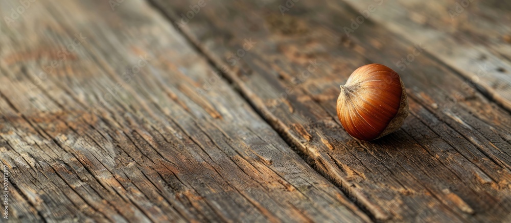 Poster a hazelnut placed on a rustic wooden surface with empty space for additional content in the photogra