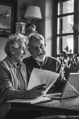 A couple is sitting at a table looking at a laptop. The man is wearing glasses and the woman is smiling