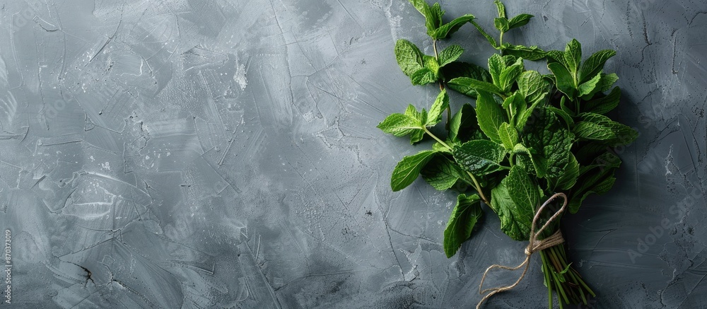Poster a cluster of fresh mint elegantly bound with string set against a gray backdrop features copy space 
