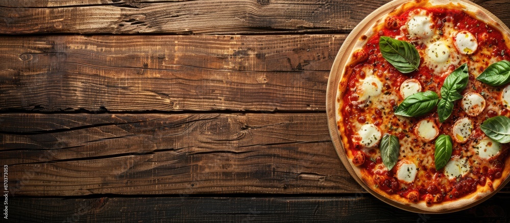 Poster a top-down view of a pizza margherita displayed on a wooden surface, featuring empty space for addit