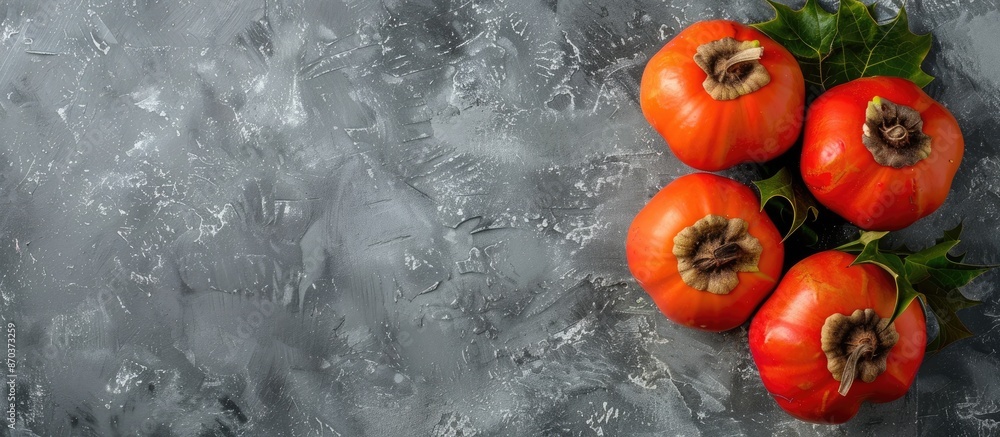 Aufkleber a top-down view of persimmons on a grey stone backdrop with space for text, emphasizing the fruit's 