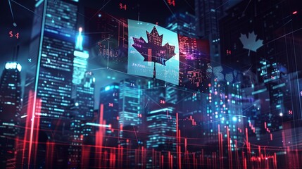 Canadian flag and stock market chart. Trade and economy concept. 3D Rendering