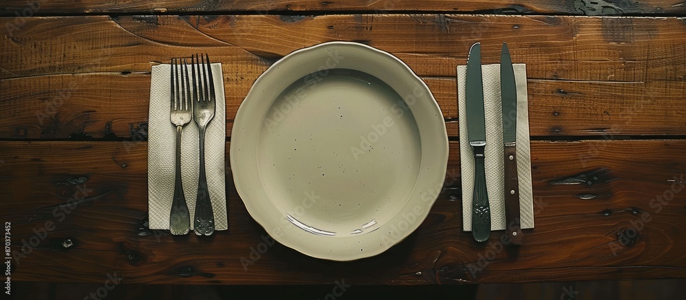 Poster a dining table with an empty plate, knife, and fork, presenting a serene setting with copy space ima