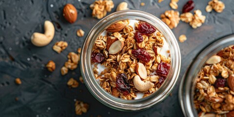 A jar of granola with nuts and raisins in it
