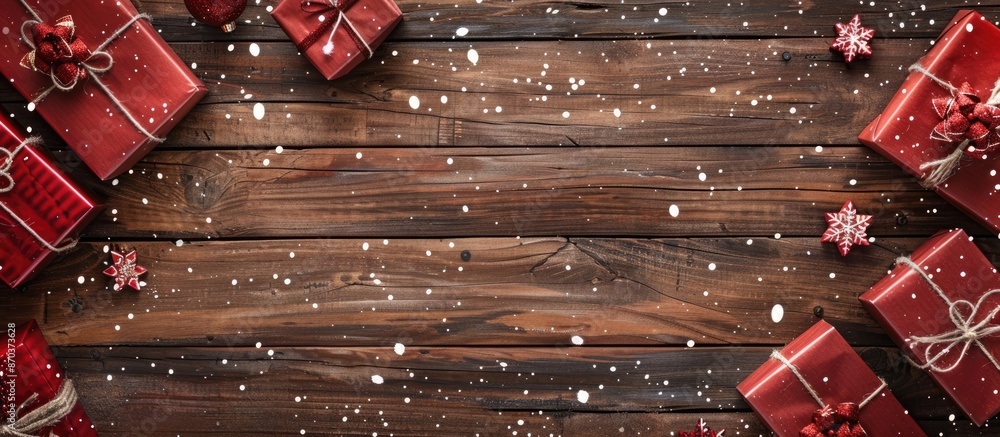 Poster a festive christmas-themed image featuring red gift boxes on a wooden backdrop with snowflakes. the 