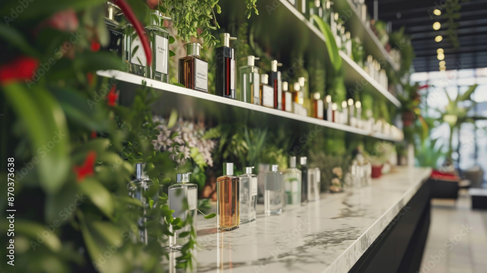 Poster a bar with a lot of bottles on it. the bottles are of different colors and sizes. the bottles are ar