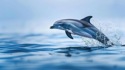 Fototapeta premium A playful dolphin leaps from the ocean's surface, its sleek body arcing gracefully through the air before splashing back into the sea.
