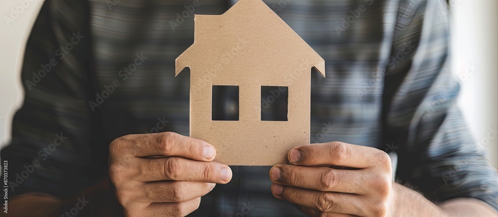 Aufkleber a man showcasing a paper house on a plain backdrop, utilizing it as a prop for educational and busin