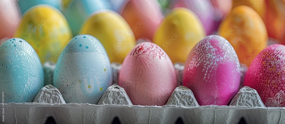 Poster a close-up view of colorful easter eggs lined up neatly in a carton, with space for text or images. 