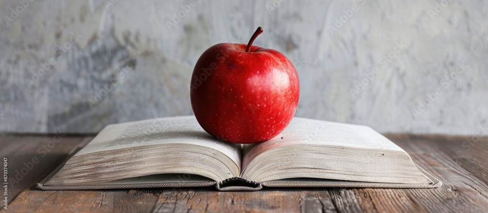 Poster a book featuring a red apple set against a blank white backdrop creating a copy space image.