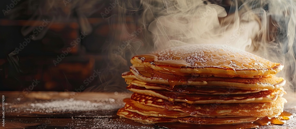 Poster a stack of large pancakes on the table being cooked, with a copy space image.