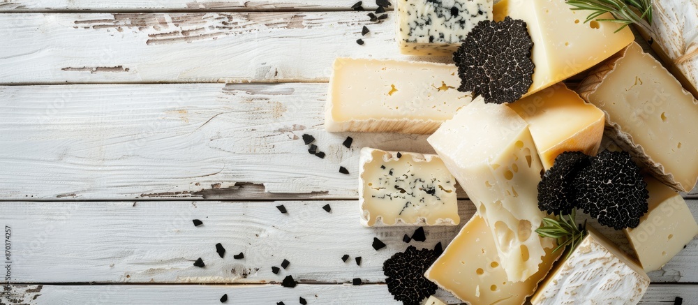 Aufkleber a appetizing arrangement of cheese and black truffles displayed on a white wooden surface with room 