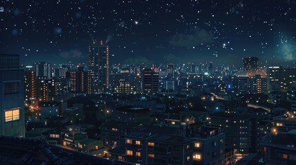 A nighttime scene of illuminated anime apartment buildings, showcasing city lights and stars twinkling in the sky above