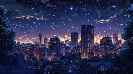 Fototapeta premium A nighttime scene of illuminated anime apartment buildings, showcasing city lights and stars twinkling in the sky above