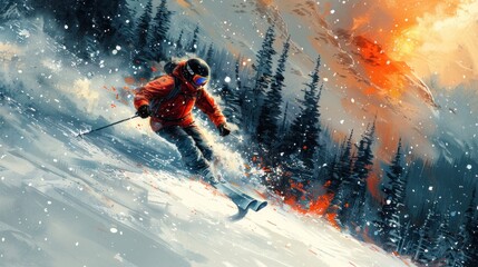 Fototapeta premium Depict a skier racing down a snowy mountain slope, with snowflakes and trees blurred in motion